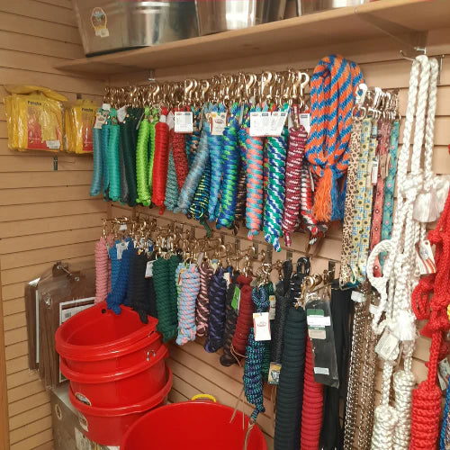 Various colorful horse lead ropes hang neatly on a wooden wall display in a store. Red utility buckets are stacked below, creating a vibrant, organized scene.