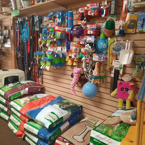 Pet store aisle with toys and supplies. Wall displays colorful pet toys, leashes, and grooming tools. Floor stocked with bags of pet food. Busy, inviting atmosphere.